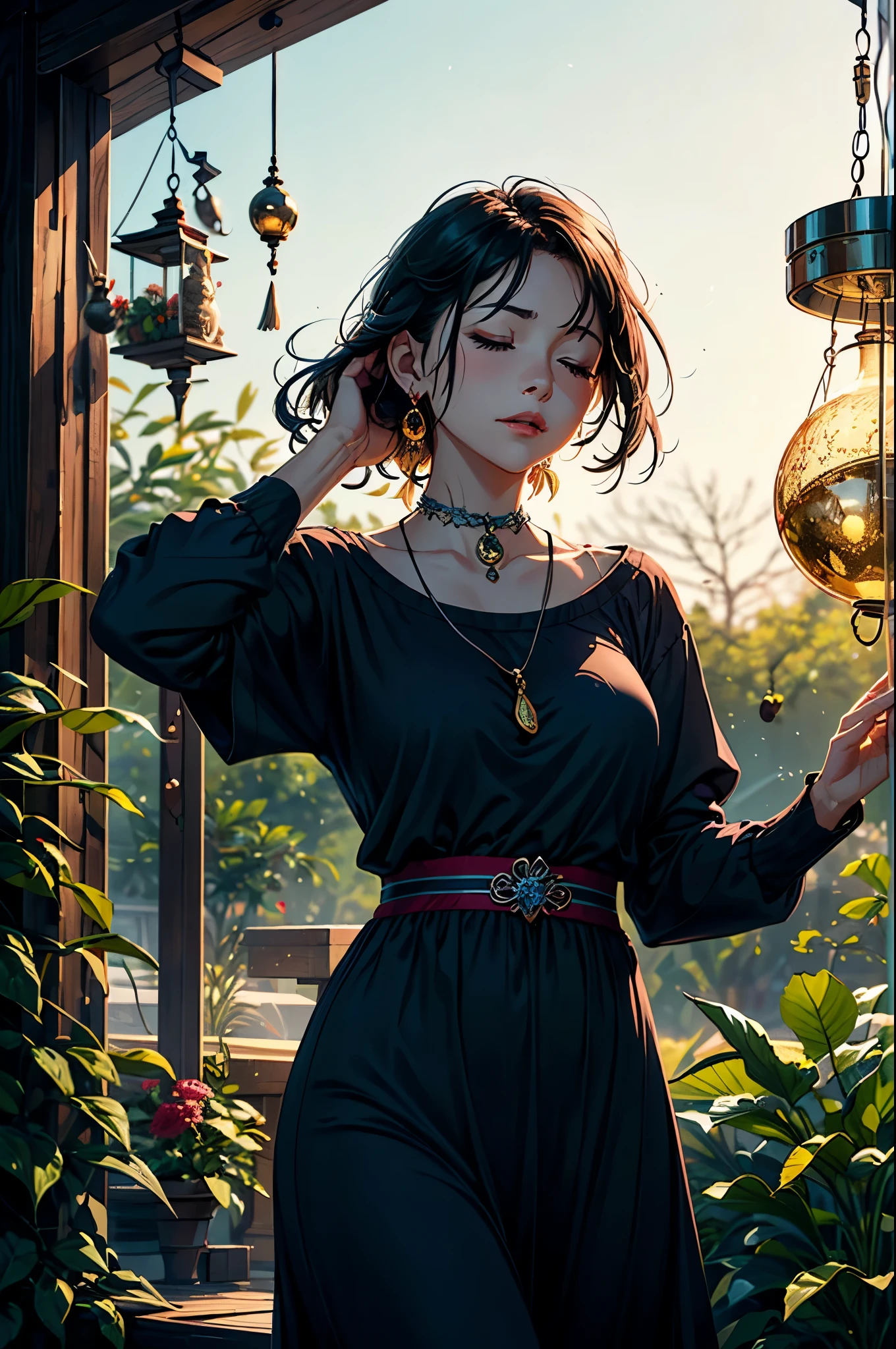 In a quaint garden, a mature woman admired a delicate wind chime swaying in the gentle breeze. Its tinkling melody echoed through the air, enchanting her senses. Mesmerized by the chime's harmonious dance, woman's heart soared with every musical note. As she closed her eyes, she could almost feel the whispers of the wind carrying her dreams and aspirations. In that moment, the wind chime became a symbol of hope and inspiration, reminding the woman to embrace life's melodies and find joy in the simplest of moments, two tone lighting, dynamic lighting