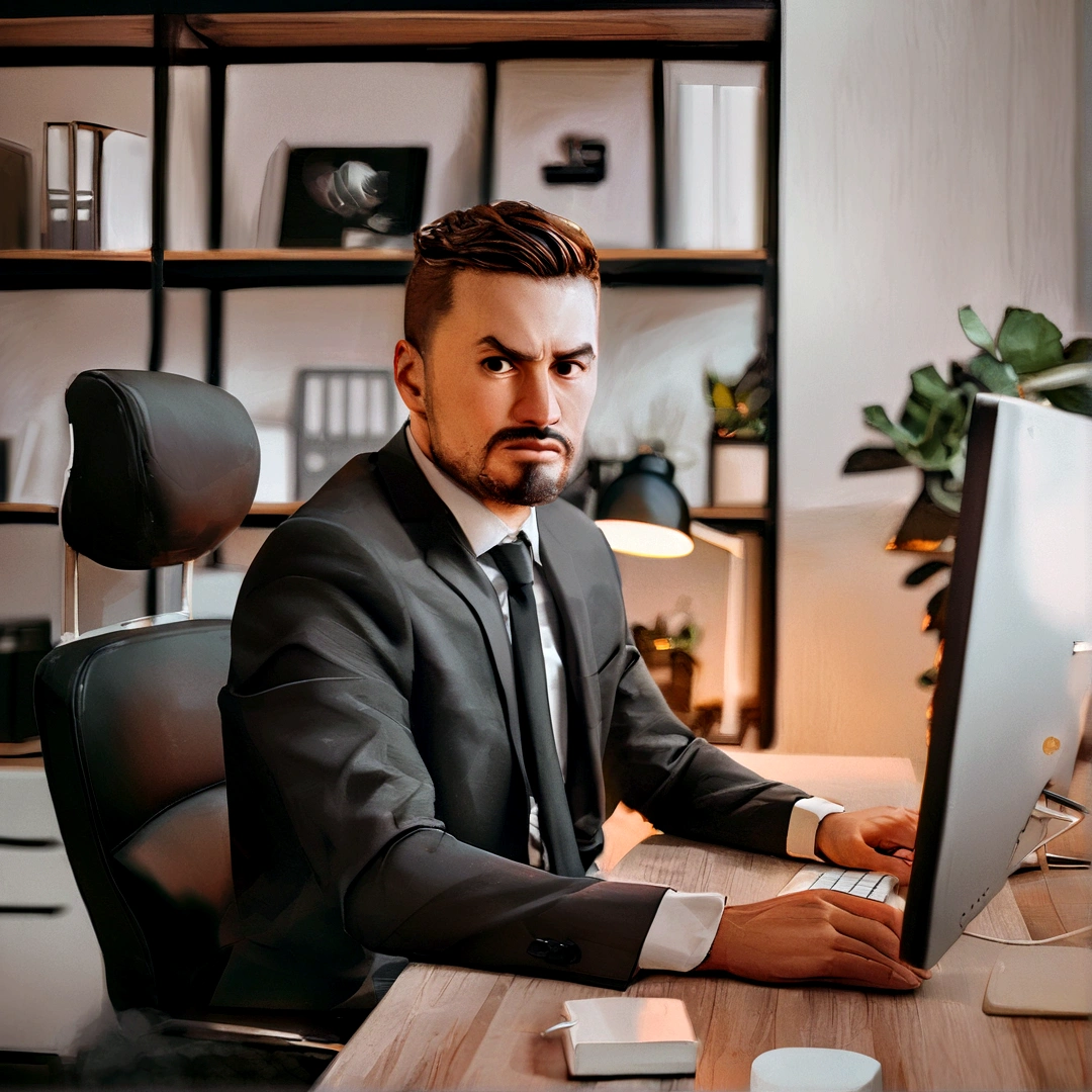 a white man, with a low beard, short hair, black suit, office, computer, serious face
