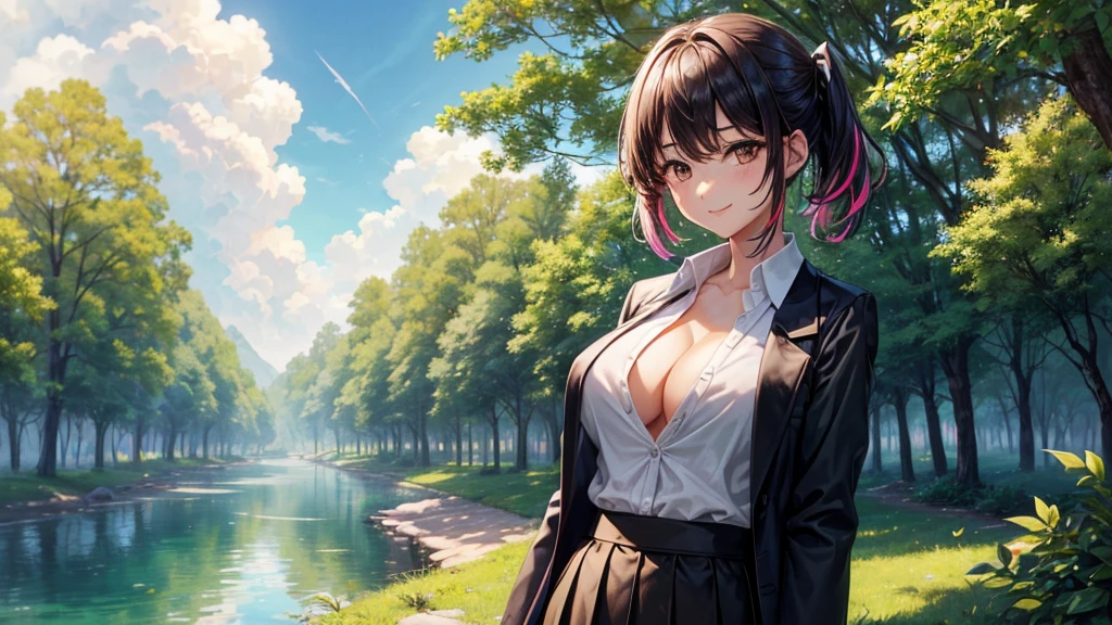 1girl, full body, solo, summer, village, trees, sun, clouds, ((colorful hair)), large breasts, ((black blazer)), button down shirt, ((white shirt)), ((short sleeved shirt)), ((unbuttoned shirt)), unbuttoning buttons, cleavage 1:3, brown eyes, skirt, smile, looking at the viewer, standing, hair ribbon, golden necklate