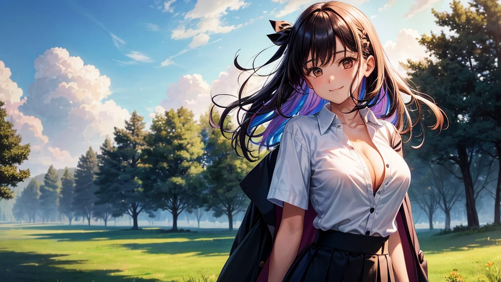 1girl, full body, solo, summer, village, trees, sun, clouds, ((colorful hair)), large breasts, ((black blazer)), button down shirt, ((white shirt)), ((short sleeved shirt)), ((unbuttoned shirt)), unbuttoning buttons, cleavage 1:3, brown eyes, skirt, smile, looking at the viewer, standing, hair ribbon, golden necklate