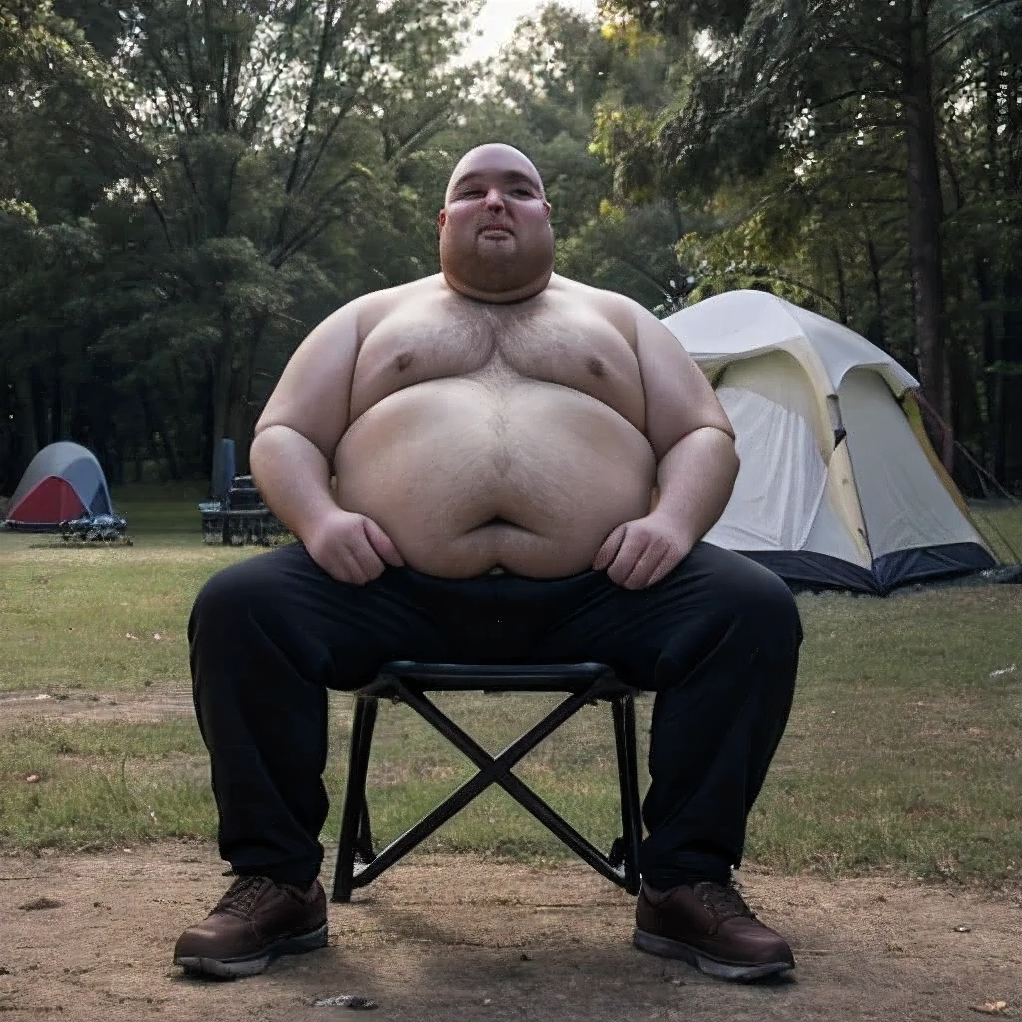 Very obese guy, bald, no hair, sitting in a tiny camping chair, in a park, very sad expression, ((pants: 1)) ((no shirt: 0.7)) ((front view:0.4)), highest quality, ultrarealistic, from a few metres away, zoomed out, from far away