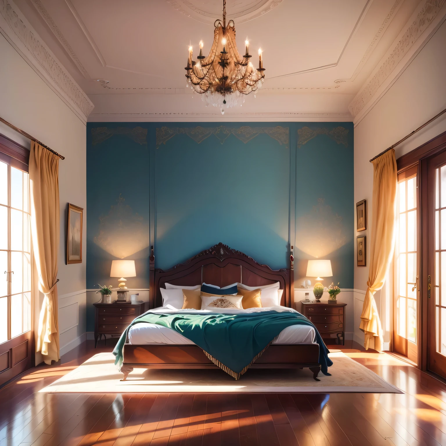 a luxurious bedroom, an unmade bed, sunlight streaming through large windows, elegant silk sheets and pillows, a chandelier casting a warm glow, antique wooden furniture, lush green plants, a cozy fireplace, (best quality,4k,8k,highres,masterpiece:1.2),ultra-detailed,(realistic,photorealistic,photo-realistic:1.37),HDR,UHD,studio lighting,ultra-fine painting,sharp focus,physically-based rendering,extreme detail description,professional,vivid colors,bokeh,interior design,luxury,cozy,warm,natural lighting