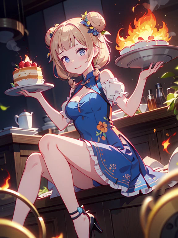 (((Masterpiece))),(((Super Detail))),(((in 8K))),(((best composition))),(((Rim lighting,Fireglow effect,deep shadow))),solo,(Hatsune Miku:1.0),beautiful detailed eyes,double bun with glittering hair ornament,(super detailed glossy skin:1.3),slender body,tits,goddess smile,((mouth little smile open)),beautiful posture,cheongsam dress,(blue with silvr gold thread embroidery,super delicate floral pattern:1.2),seductive cleavage:1.3,beautiful glossy legs,shiny red high heels,lifting dishes with cakesd,french restaurant,hustle and bustle,rising steam,(((depth of fields)))
