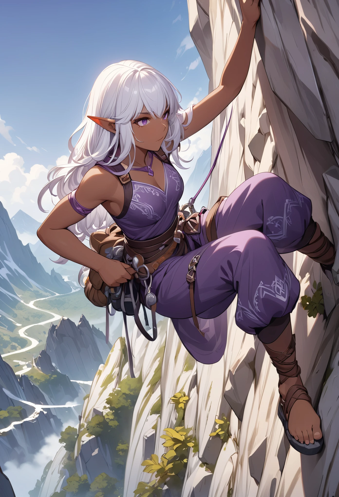 Close-up shot of a woman in a purple dress climbing a mountain,rock climbing，Brown skin，Skin details，White long hair，Palms resting on rocks，strength，solo，Pathfinder，Drow,，CG，Large game scenes