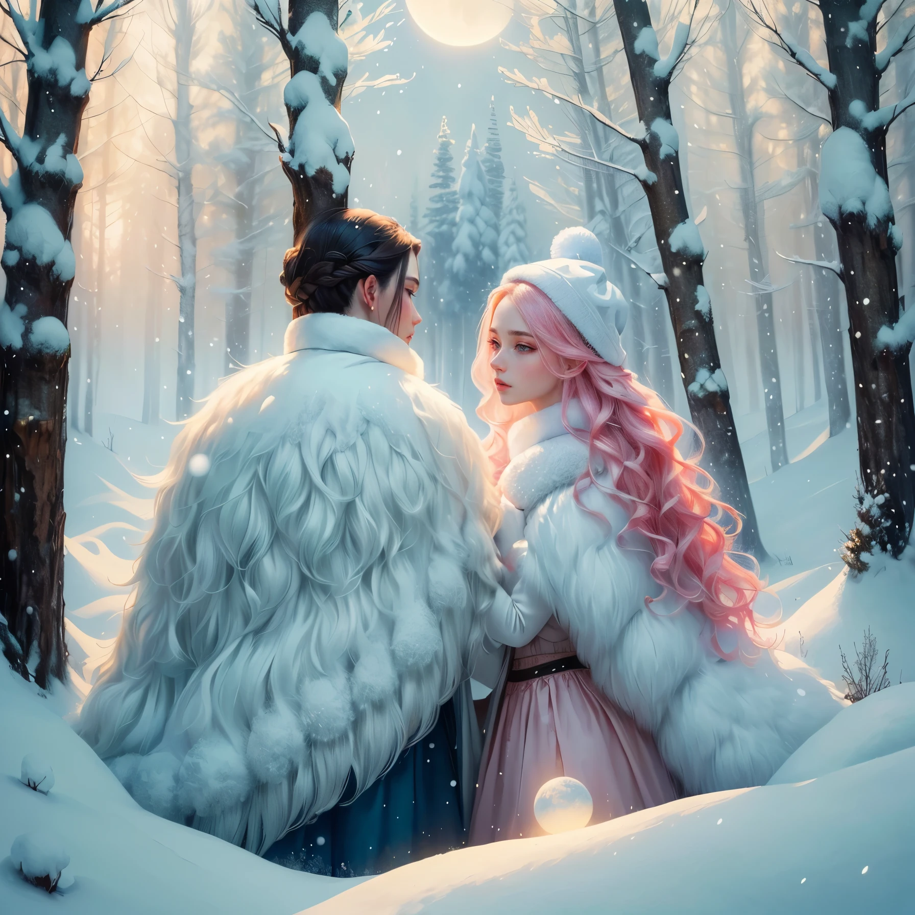 a girl in a winter forest, 1girl, pink fluffy fur coat, long braided hair, two moons in the sky, atmospheric lighting, fantastical scene, cinematic, detailed, high quality, highly detailed, photorealistic, hyper detailed, intricate details, 8k, extremely detailed, dramatic lighting, fantasy, magical, whimsical, ethereal, mystical, magical realism, frosty forest, snow covered landscape, detailed winter forest, lush vegetation, dreamlike, otherworldly, fairytale, visually striking, awe inspiring, captivating, breathtaking