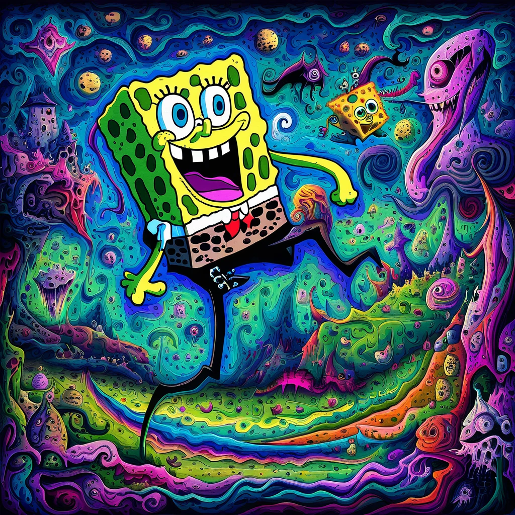 ((SpongeBob SquarePants:)1.2)standing while holding onto Gary his pet snail, spiritual eerie creepy picture, surreal dark fantasy, dark surreal art, surreal dark art, dramatic artwork, grim, horror surreal art, gothic fantasy art, dark fantasy horror art, hyper-psychedelic blending elements of fantasy and horror, ((more detail, enhnaced-poster))