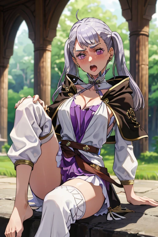 1girl, cowboy shot, beautiful noelle_silva,long hair ,twintails, bangs, earring,jewelry, silver hair,purple eyes, mage_dress,white dress, cleavage, capelet,long sleeves, water, large breast ,angry,frown ,outdoor, front light, volumetric lighting, best quality, masterpiece, intricate details, tonemapping, sharp focus, hyper detailed, sitting ,raise feet up,legs up, feet no shoes,sweaty feet,lick feet,tongue out,mouth open,blush