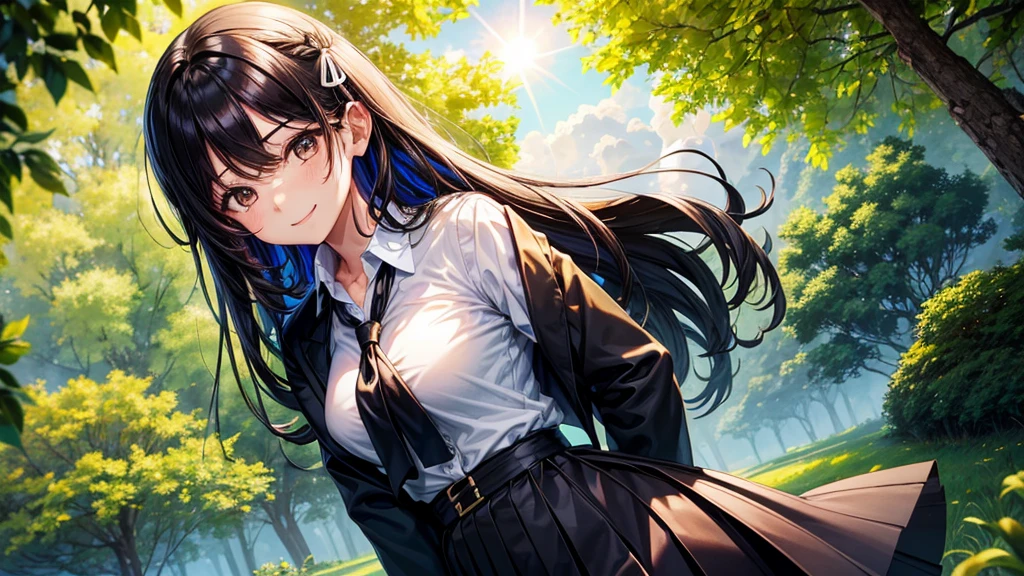 1girl, full body, solo, summer, village, trees, sun, clouds, ((colorful hair)), large breasts, ((black blazer)), button down shirt, ((white shirt)), ((short sleeved shirt)), ((unbuttoned shirt)), unbuttoning buttons, brown eyes, skirt, smile, looking at the viewer, standing, hair ribbon, golden necklate