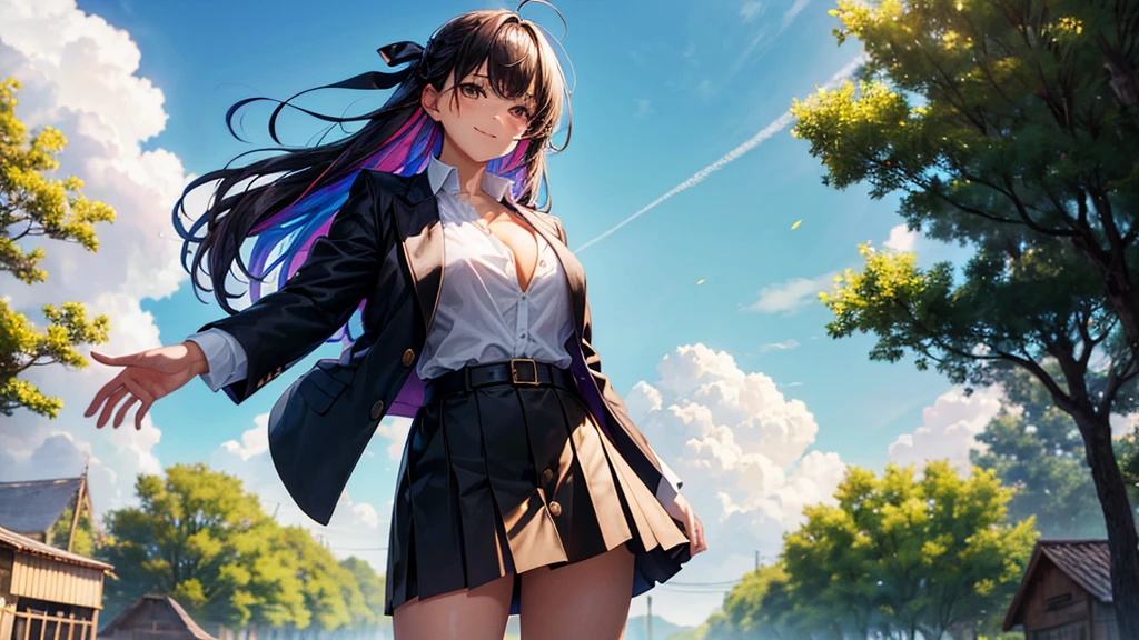 1girl, full body, solo, summer, village, trees, sun, clouds, ((colorful hair)), large breasts, ((black blazer)), button down shirt, ((white shirt)), ((short sleeved shirt)), ((unbuttoned shirt)), unbuttoning buttons, brown eyes, skirt, smile, looking at the viewer, standing, hair ribbon, golden necklate