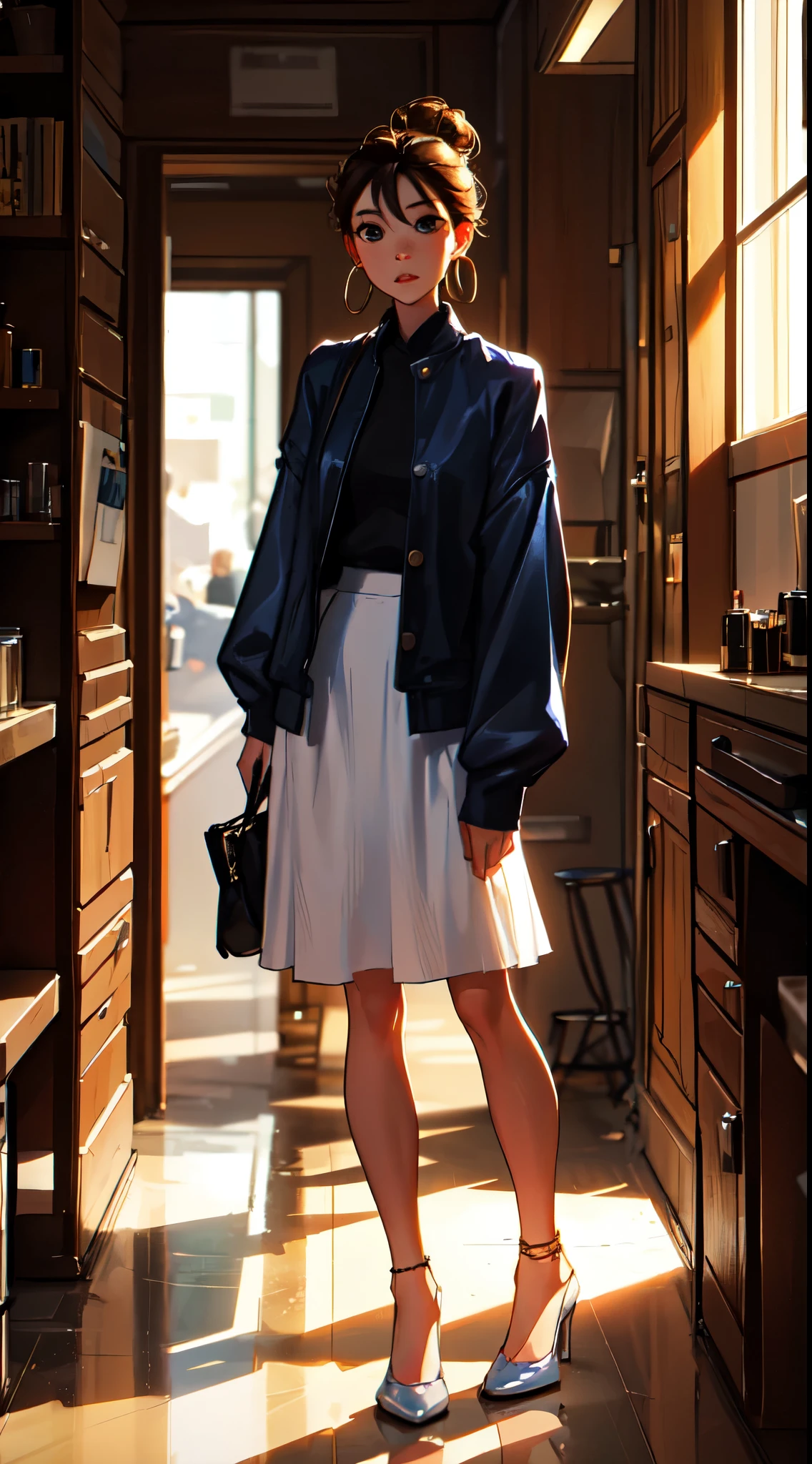 The environment is mysterious and elegant, Model, High contrast required, Jewelry, earrings, miniskirt, shirt, Jacket, brown hair, 白shirt, A bracelet, Hair Bun, single Hair Bun, long skirt, Shut up, Hoop Earrings, blue Jacket, roll up sleeves, Revealing clothes, cosmetic, White Skirt