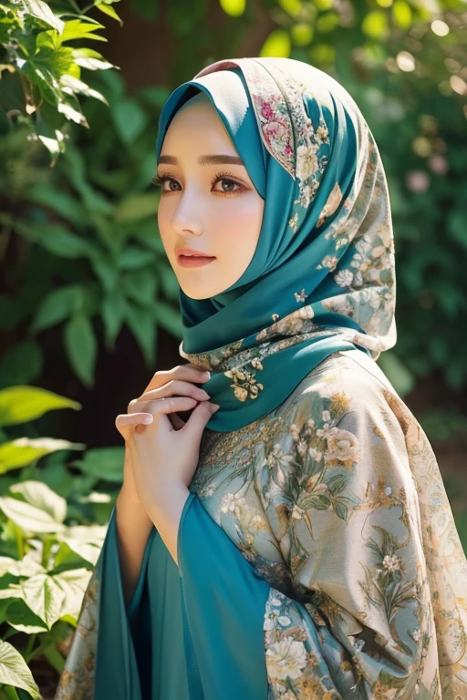 A beautiful girl in a garden, wearing a hijab, full body portrait, realistic, detailed facial features, long eyelashes, intricate hijab folds, ornate floral patterns, lush greenery, natural lighting, warm color tones, serene expression, high quality, photorealistic, cinematic composition, 8k, masterpiece