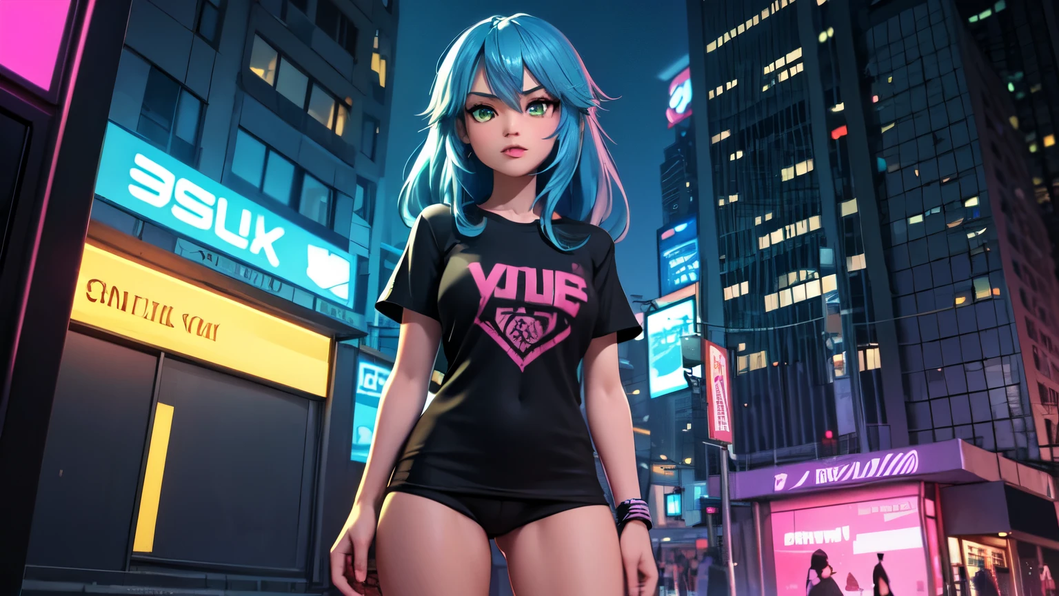 Image in 3D that captures a scene with a woman with tan skin, with long, straight blue hair, with dark green eyes, wearing a violet t-shirt, in a cyberpunk city with blue and pink LED lights, with a tattoo on her thigh.