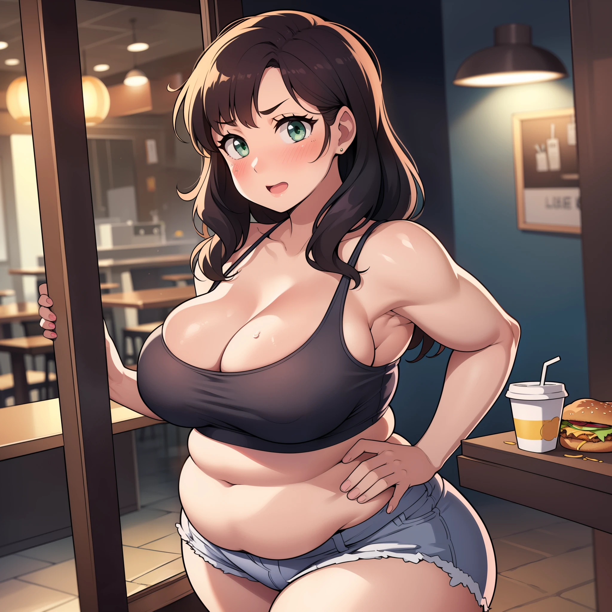 ((highres)), Masterpiece, high quality, best quality, beautiful, perfect lighting, detailed face, ultra cute face, ((1girl)), ((blush)), ((blush)), nervous, looking at viewer, skindentation, short brown hair, green eyes, jeans, tank top, thight clothes, full body, fast food restaurant, medium breasts, perky breasts, cleavage, ((wide hips)), (((thick thighs))), ((plump)), chubby belly, fat folds, standing by a table, hand on hip, holding soda,