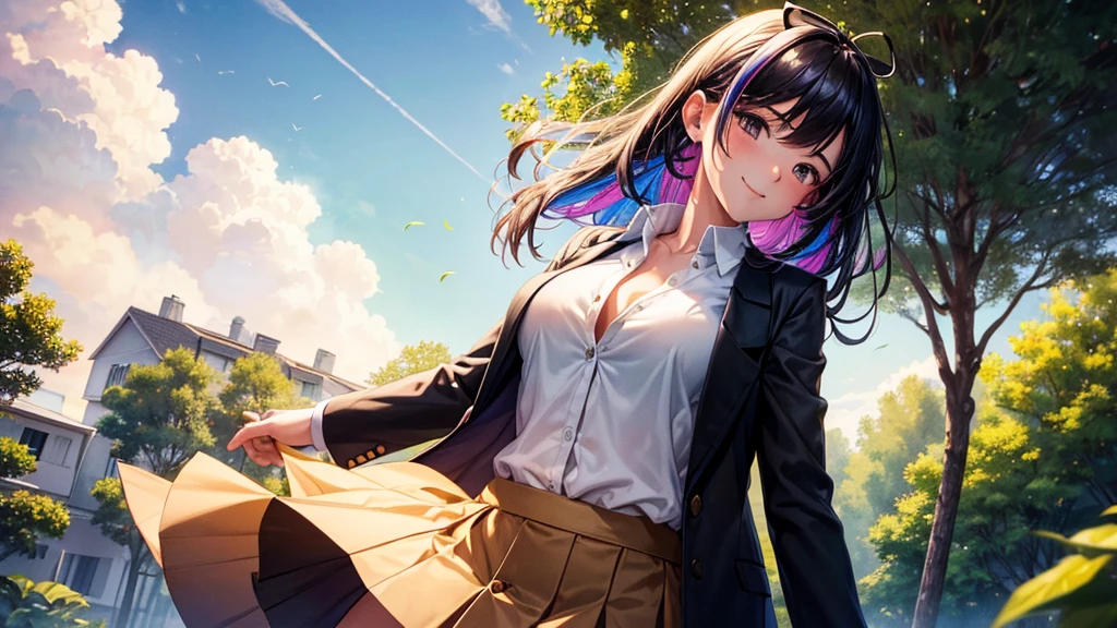 1girl, full body, solo, summer, village, trees, sun, clouds, ((colorful hair)), large breasts, ((black blazer)), button down shirt, ((white shirt)), ((short sleeved shirt)), ((unbuttoned shirt)), unbuttoning buttons, cleavage 1:3, brown eyes, skirt, smile, looking at the viewer, standing, hair ribbon, golden necklate