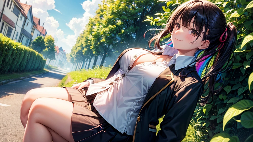 1girl, full body, solo, summer, village, trees, sun, clouds, ((colorful hair)), large breasts, ((black blazer)), button down shirt, ((white shirt)), ((short sleeved shirt)), ((unbuttoned shirt)), unbuttoning buttons, brown eyes, skirt, smile, looking at the viewer, standing, hair ribbon, golden necklate