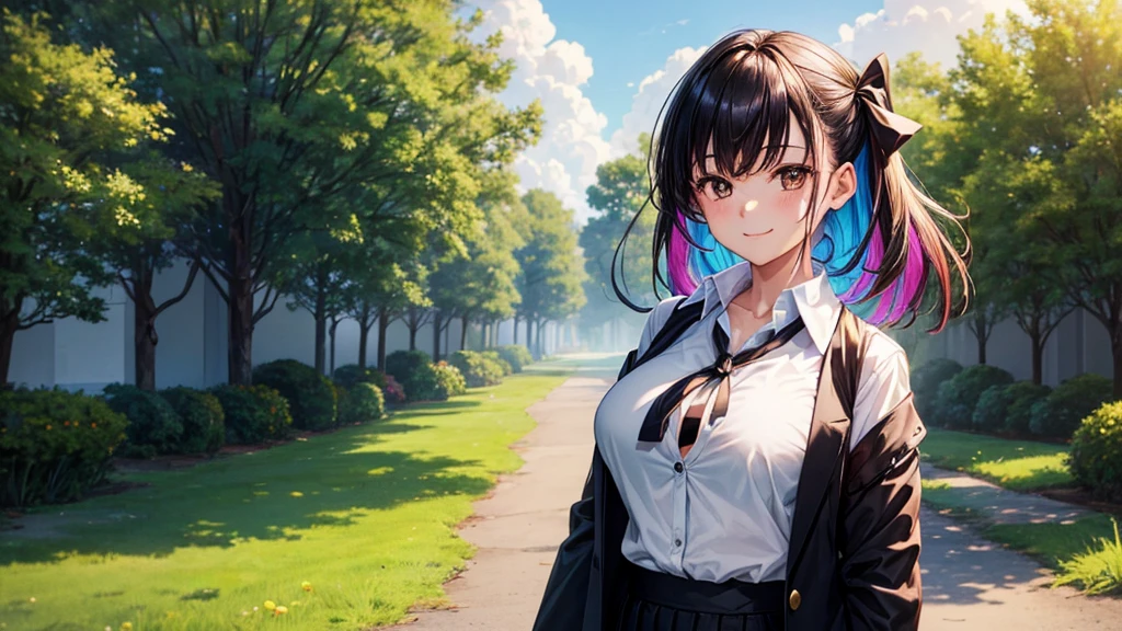1girl, full body, solo, summer, village, trees, sun, clouds, ((colorful hair)), large breasts, ((black blazer)), button down shirt, ((white shirt)), ((short sleeved shirt)), ((unbuttoned shirt)), unbuttoning buttons, brown eyes, skirt, smile, looking at the viewer, standing, hair ribbon, golden necklate