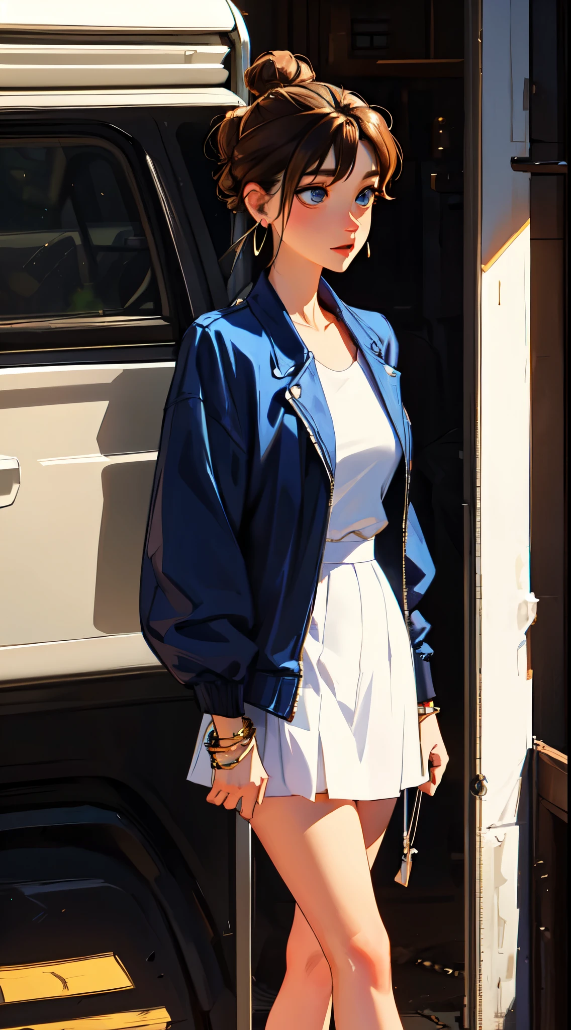 The environment is mysterious and elegant, Model, High contrast required, Jewelry, earrings, miniskirt, shirt, Jacket, brown hair, 白shirt, A bracelet, Hair Bun, single Hair Bun, long skirt, Shut up, Hoop Earrings, blue Jacket, roll up sleeves, Revealing clothes, cosmetic, White Skirt