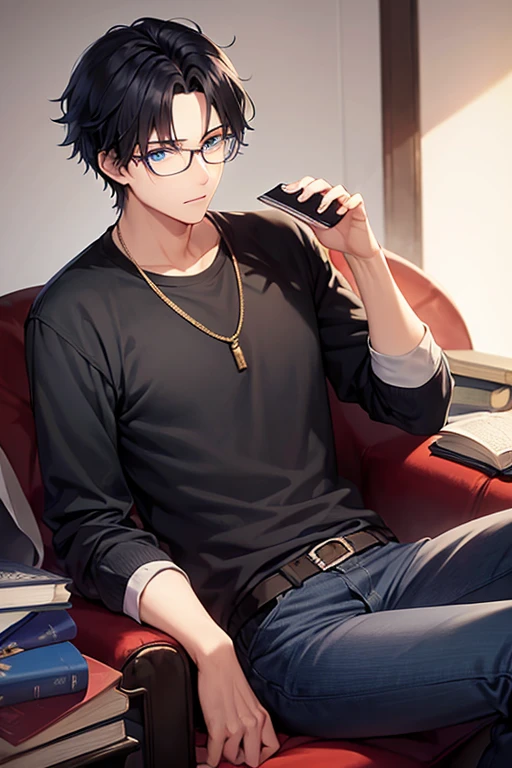 Black hair, blue eyes, male, 20 years old, glasses, calm, mysterious, reqding a book, very detaile