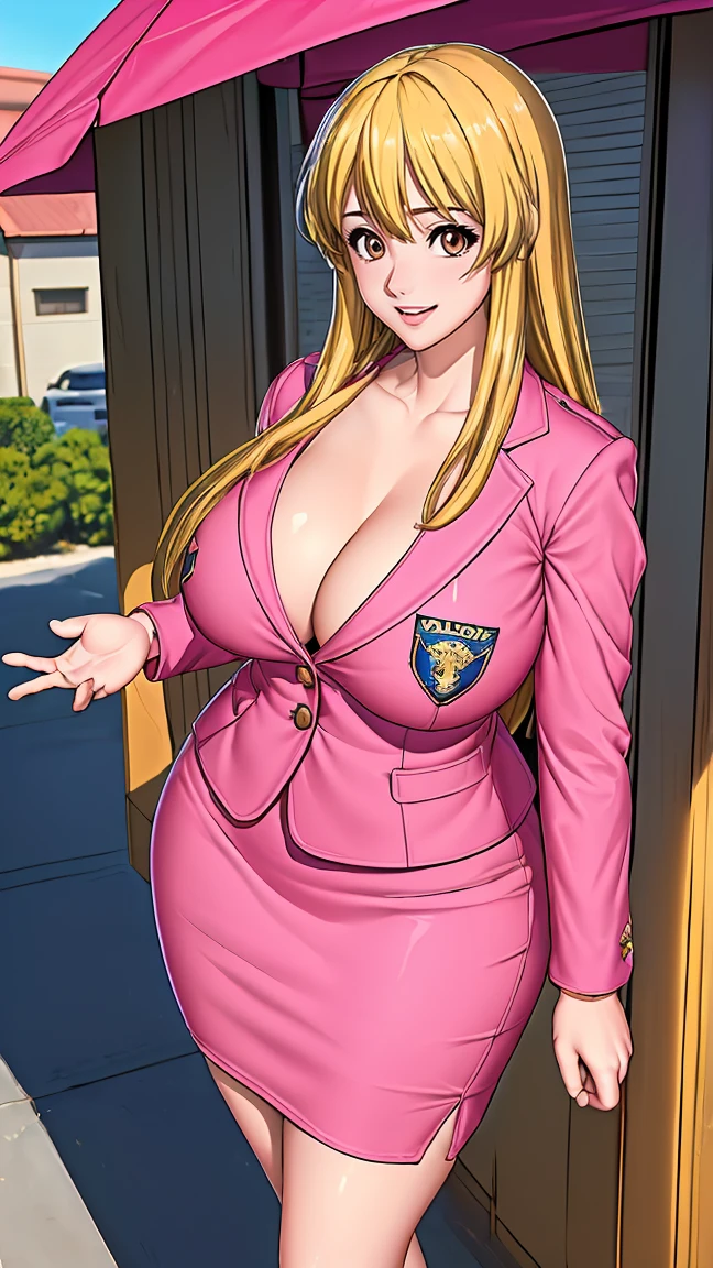 Very long blonde hair, bangs, Brown eyes, Glossy pink lips, clavicle, Pink clothes, (masterpiece, highest quality:1.4), Police uniform, Female police officer, Pink Uniform, Cleavage, Pink pencil skirt, Long sleeve , Chest pocket, formal, Pink Shirt, Outdoor, Police Department, Reiko holds up her breasts with both hands to seduce,
(((masterpiece, highest quality; 1.3)), Great quality, Beautiful details, Very detailed, Ultra-fine, 16k, Exquisite, Absurd, High resolution, Beautiful background, Detailed Background, Beautiful Eyes, Beautiful Skin, Anime Style, RAW Photos , Very detailed:1.2), One Girl, alone, Full body portrait of a woman, Focus on the chest, Attractive appearance, Mature Body, Fat, plump, View Viewer, smile, Good move, The best move,