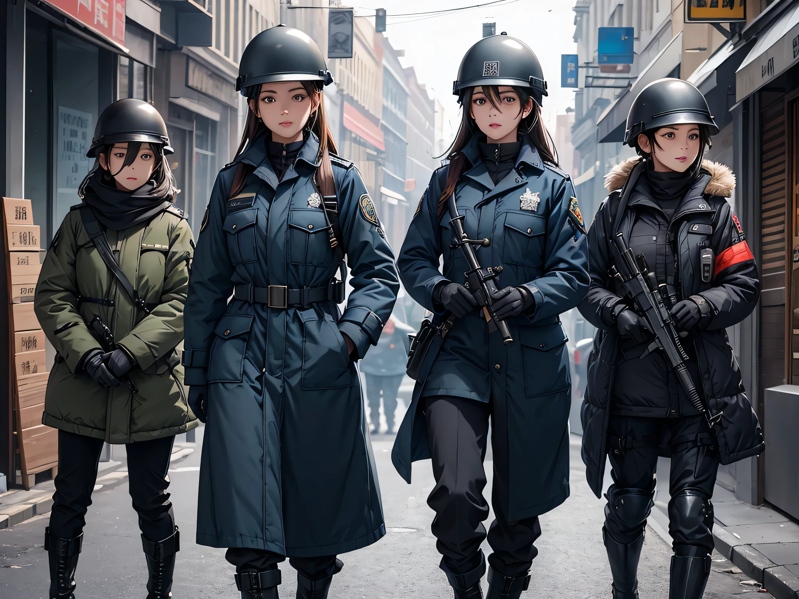 Four policewomen on winter street、Wear a steel helmet、Wear knee-length coat、Military Pants、Write details、masterpiece、best quality、Highly detailed CG、8K picture quality