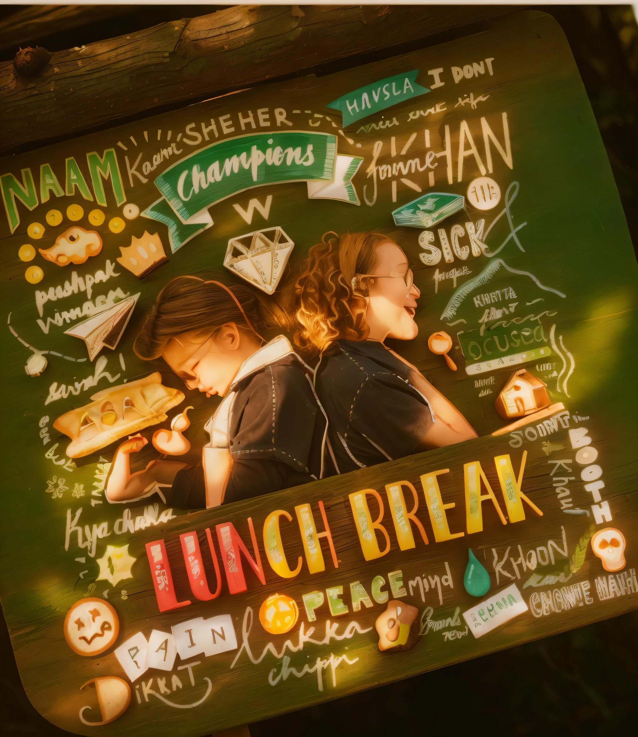 Central Image: Two kids sitting at a picnic table with their lunchboxes open. One is eating a sandwich, and the other is drinking juice.Surrounding Elements: Add playful elements around them like:A sun with a smiling face in the top corner.A tree with a swing.Butterflies and birds flying around.A small squirrel holding an acorn on the tree branch.Flowers and grass around the picnic area.Text Elements: Add some fun, positive words in playful fonts, like "Yummy," "Fun," "Friends," "Playtime," and "Nature."