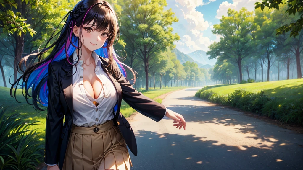 1girl, full body, solo, summer, village, trees, sun, clouds, ((colorful hair)), large breasts, ((black blazer)), button down shirt, ((white shirt)), ((short sleeved shirt)), ((unbuttoned shirt)), unbuttoning buttons, cleavage 1:3, brown eyes, skirt, smile, looking at the viewer, standing, hair ribbon, golden necklate