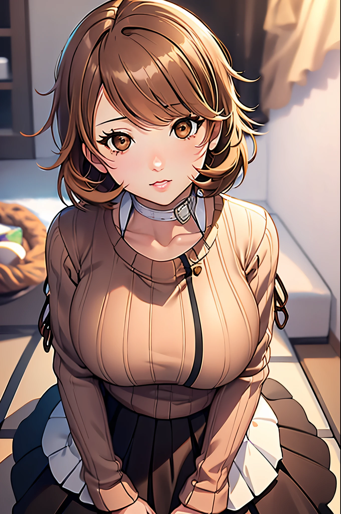 1girl, solo, masterpiece, best quality, high res, highly detailed, (illustration), beautiful detailed eyes, yukari takeba, (brown eyes:1.5), brown hair, short hair,, glossy lips, makeup, full body, big breasts, pink sweater, black skirt
