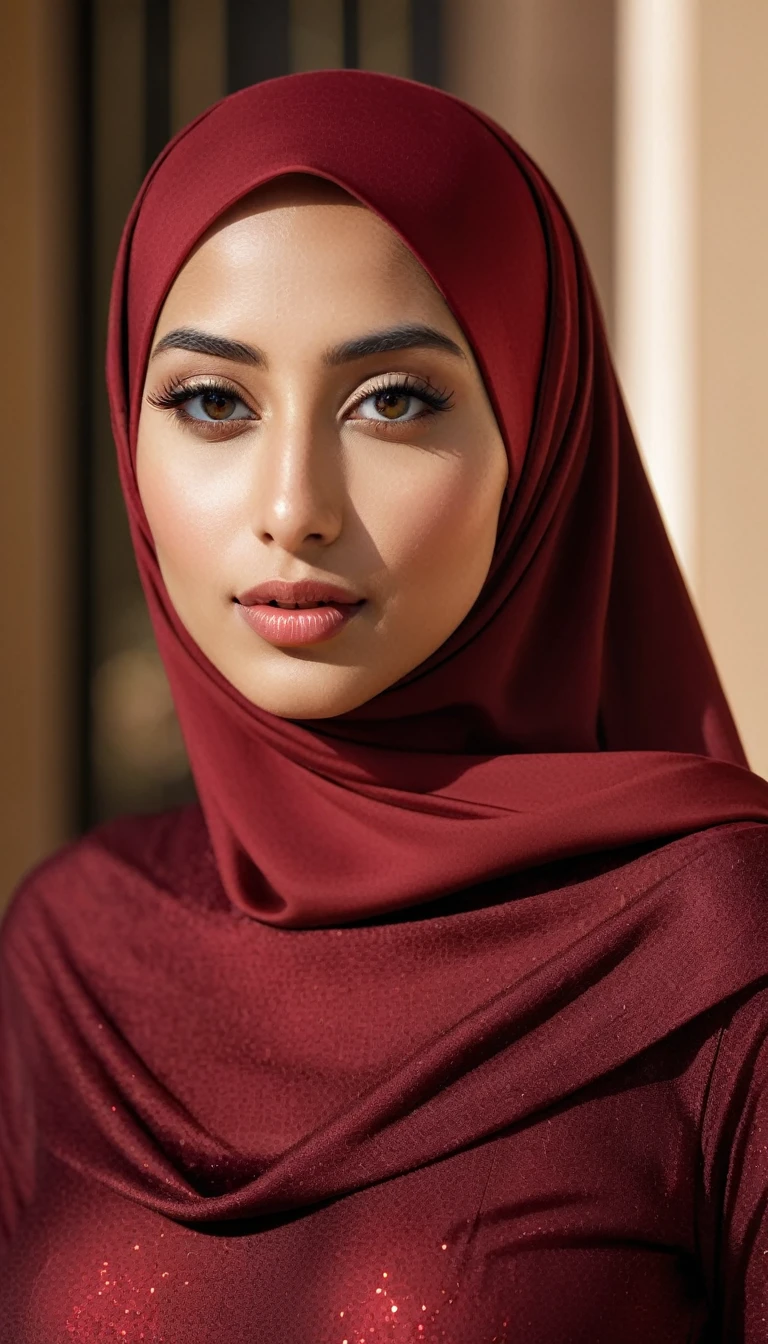 a breathtakingly beautiful Muslim woman from Lebanon, wearing a dark red hijab, naked, cleavage, big buttock, perfect symmetric eyes, hyper realistic skin texture,  realistic, award-winning photograph, rim ambient lighting, 8k, dslr, soft lighting, high quality, film grain, Fujifilm XT3