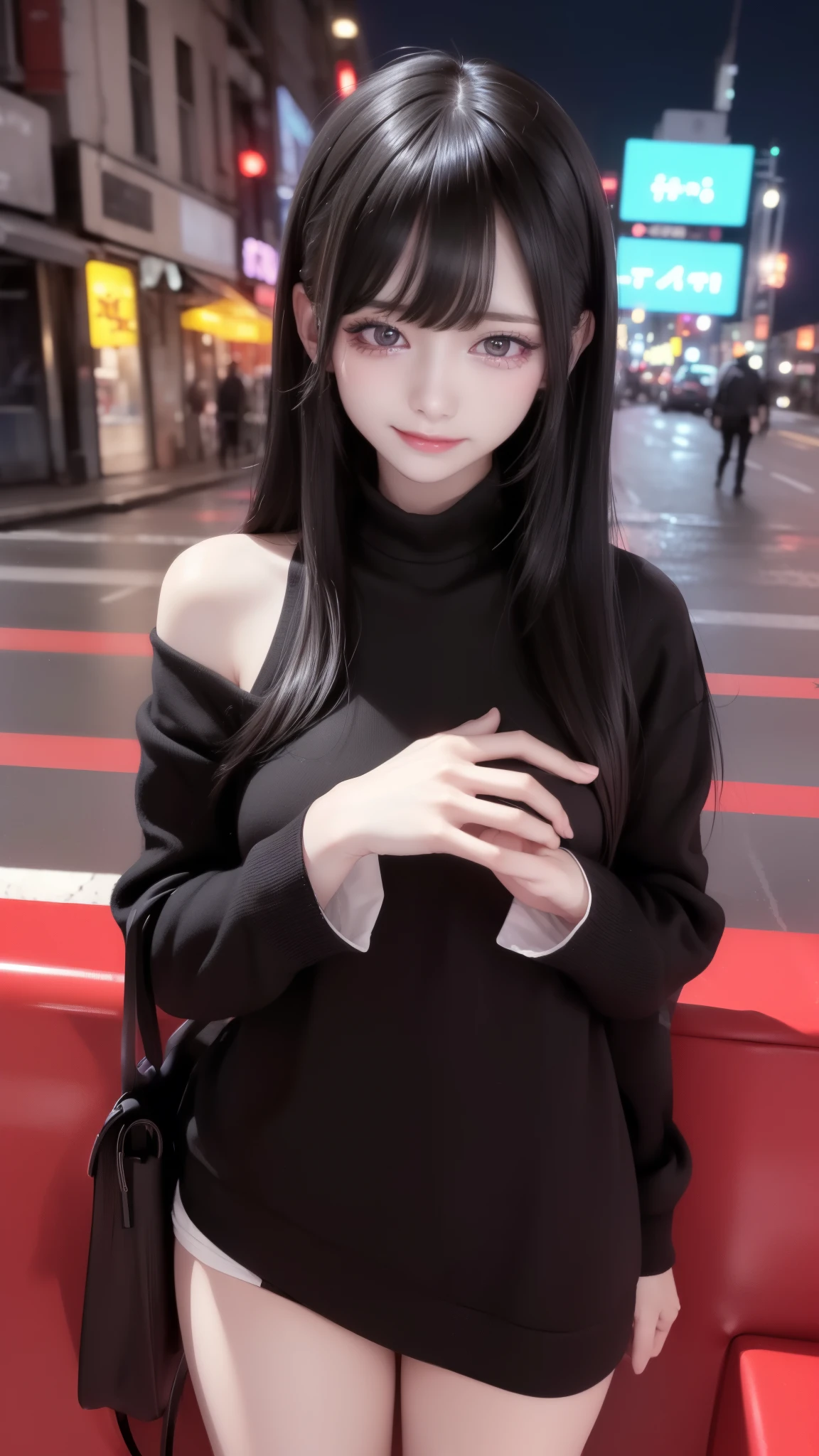 (Safety Sensor、sfw:1.8, Approved as safe、Can be viewed:1.8),masterpiece、masterpiece、highest quality、highest quality、Accurate the human body、Lighting to suit the mood、Accurate、Elaborate、masterpiece、Exquisite facial detail、Detailed Background、Background Blur、Detailed and beautiful background、Accurate 5-finger、Accurate human body、The perfect human body、
break、

(Straight long Black hair、Heavy bangs、White skin、Super big boobs:1.5、nightlife:1.8, night:1.6, Dim lighting:1.8, jirai girl:1.5, jirai makeup:1.2), Open Doorway:1.8、 Off-the-shoulder sweater、No underwear:1.5,Vulgar Grin:1.8, Mesgaquismiles:1.8、Sexually provocative girl:1.8、Downtown at night、Big city、A street corner in the red light district at night、crowd:1.8