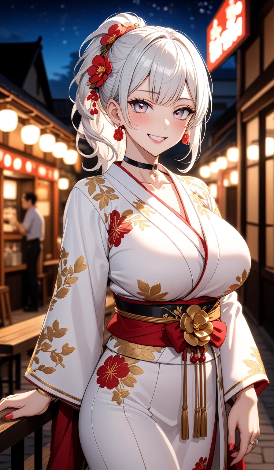 ((one personの女性)), Beautiful Face,(a woman in a sensual and elegant pose. She has one hand on her hip and the other touching her hair),(Bright red cheeks:1.3),((Wink:2.0)),Laughing embarrassedly,Laugh with your mouth wide open,Glossy pink lips,Cinema lighting,night,Outdoor tavern,firework,((Anime style background)),masterpiece, highest quality, so beautiful, Latest, Complex details, (Pink long nails),(ring),(bracelet),(choker),AI-generated, Complex,High resolution, highest quality, super high quality,3D Images、View your viewers、3D Images,one person,Long white hair,High Ponytail,(blue eyes),Anime woman posing for a photo, ((Fine grain、Silvery white colorful eyes、Shining Eyes:1.3)),(Squint your eyes:1.1),a hyperRealistic , hyperRealistic , Realistic,Anime woman with long and white hair, Smooth anime CG art, A woman in a colorful kimono with gold embroidery, (Black kimono),Red floral pattern,Long flower hair ornament,Big earrings,Mature Body,(Big Breasts:1.1),Tall,Fine details,Narrow waist, (Face close-up:1.3)