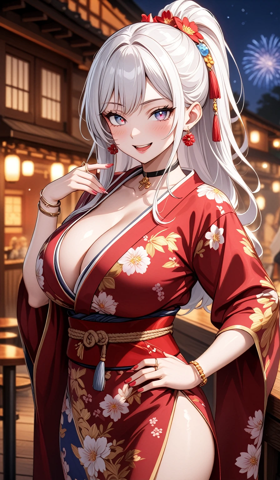((one personの女性)), Beautiful Face,(a woman in a sensual and elegant pose. She has one hand on her hip and the other touching her hair),(Bright red cheeks:1.3),((Wink:2.0)),Laughing embarrassedly,Laugh with your mouth wide open,Glossy pink lips,Cinema lighting,night,Outdoor tavern,firework,((Anime style background)),masterpiece, highest quality, so beautiful, Latest, Complex details, (Pink long nails),(ring),(bracelet),(choker),AI-generated, Complex,High resolution, highest quality, super high quality,3D Images、View your viewers、3D Images,one person,Long white hair,High Ponytail,(blue eyes),Anime woman posing for a photo, ((Fine grain、Silvery white colorful eyes、Shining Eyes:1.3)),(Squint your eyes:1.1),a hyperRealistic , hyperRealistic , Realistic,Anime woman with long and white hair, Smooth anime CG art, A woman in a colorful kimono with gold embroidery, (Black kimono),Red floral pattern,Long flower hair ornament,Big earrings,Mature Body,(Big Breasts:1.1),Tall,Fine details,Narrow waist, (Face close-up:1.3)