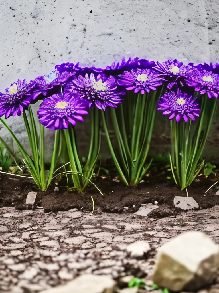purple flowers growing on cracked concrete in a garden, a picture by Samuel Birmann, unsplash, land art, cracked earth, patchy flowers, soft cracks, fissures, floral growth, cracked mud, crumbling, beautiful aesthetic, surreal waiizi flowers, cracked, desert flowers, !!natural beauty!!, purple flowers, beautiful nature, nature and floral aesthetics