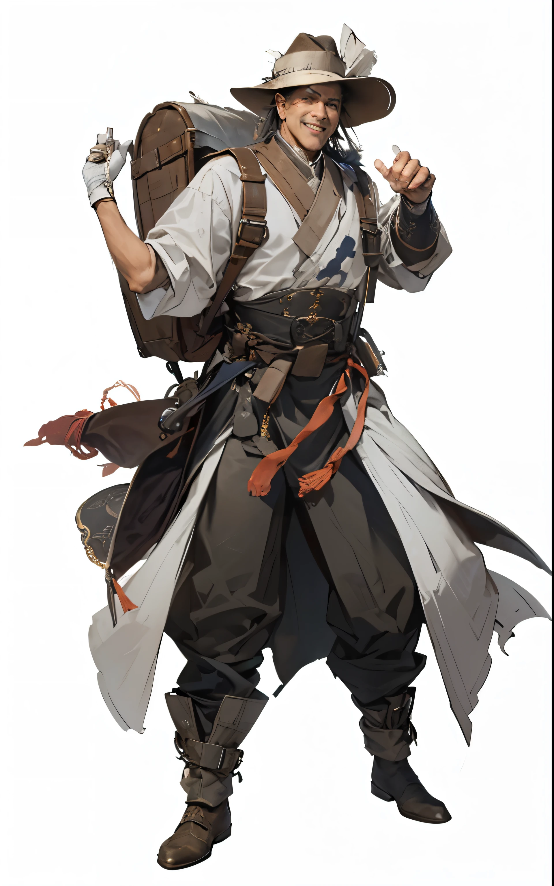high quality, ,Meticulous portrayal,Clear structure,Clear structure的,Precise construction,,,cloth,Refinement.clean brush stroke,Explorer,A middle-aged man,Headband expedition hat,Carrying a large backpack,Smiling happily
