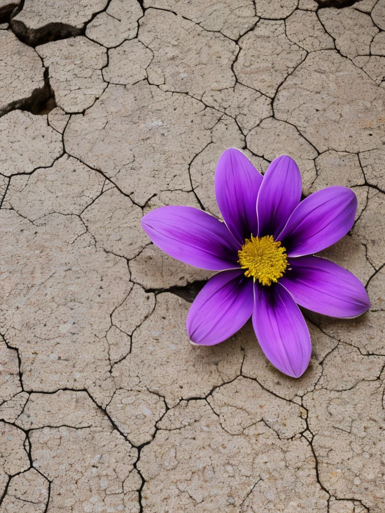 purple flowers growing on cracked concrete in a garden, a picture by Samuel Birmann, unsplash, land art, cracked earth, patchy flowers, soft cracks, fissures, floral growth, cracked mud, crumbling, beautiful aesthetic, surreal waiizi flowers, cracked, desert flowers, !!natural beauty!!, purple flowers, beautiful nature, nature and floral aesthetics