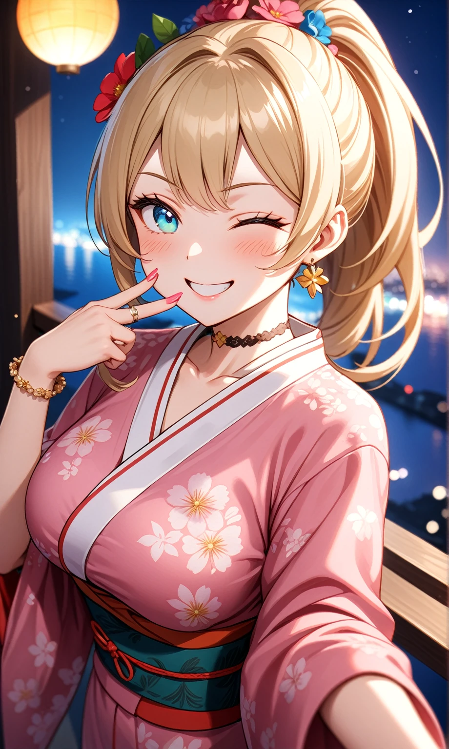((one personの女性)), Beautiful Face,(a woman making a peace sign. She is forming a peace sign with both hands and smiling at the camera), Laughing embarrassedly,((Wink:2.0)),Laughing with your mouth open,((Red cheeks:1.3)),Lighting on the face,Glossy pink lips,night,rooftop,Festive decorations,You can see the ocean, firework,((Anime style background)),masterpiece, highest quality, so beautiful, Latest, Complex details, (Pink long nails),(ring),(flower bracelet),Floral choker,AI-generated, Complex,High resolution, highest quality, super high quality,3D Images、View your viewers、3D Images,one person,Long Blonde Hair,High Ponytail,Turquoise Eyes,Anime woman posing for a photo, (Fine grain,Colorful eyes,Shining Eyes:1.4),(Squint your eyes:1.1),a hyperRealistic , hyperRealistic , Realistic,Blonde anime woman with long hair, Smooth anime CG art, A woman in a colorful kimono with gold embroidery, (Pink kimono),Red floral pattern,Long flower hair ornament,Large floral earrings,(ring),(Big Breasts:1.1),Mature Body,Tall,Big Ass,Fine details,Tight waist,Abdominal muscles,(Face close up:1.4),(Tilt your face), Shooting from an angle,