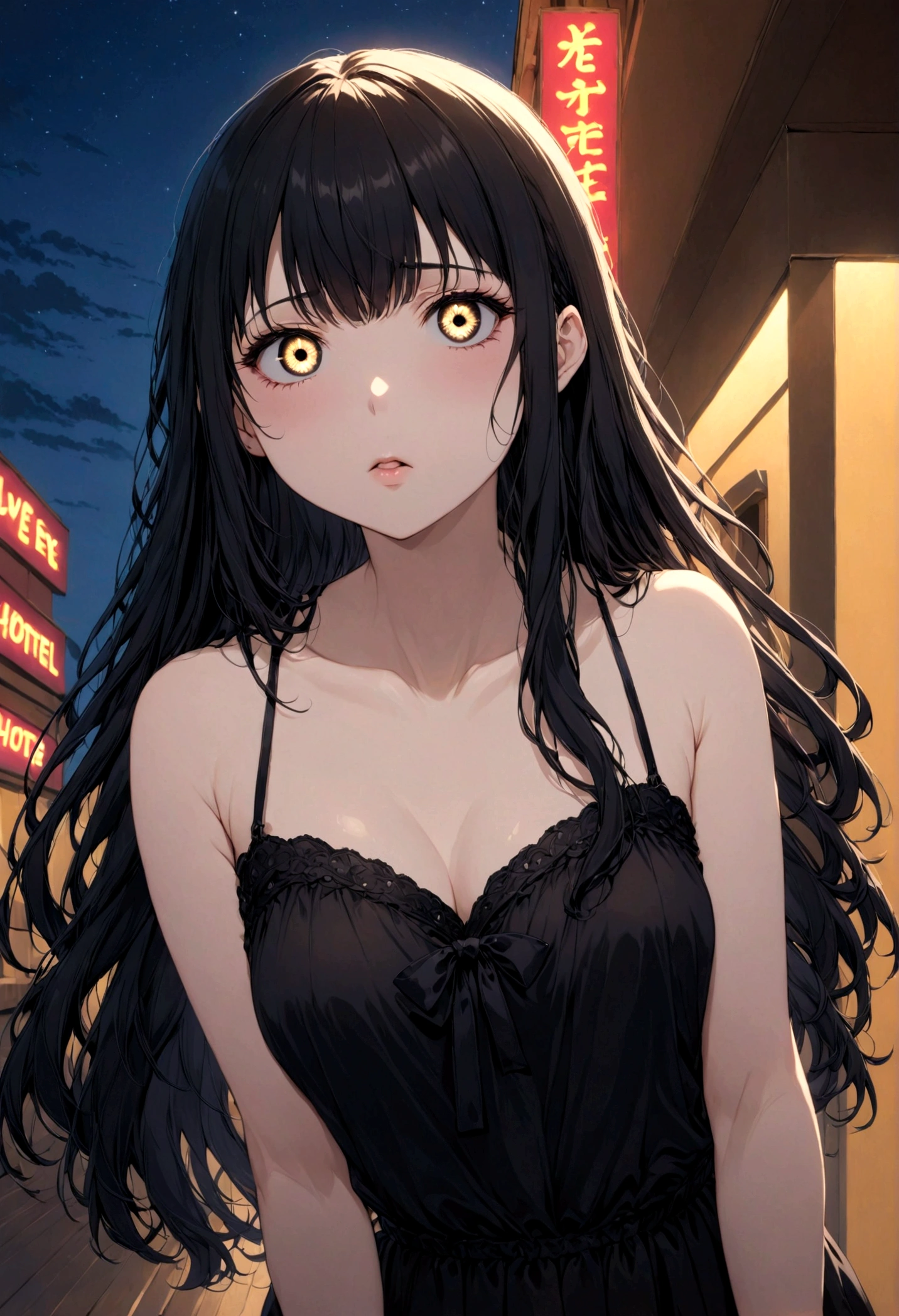 girl muscles huge breasts pale skin very long hair black hair yellow eyes sad expressionless solo black night dress black night dress