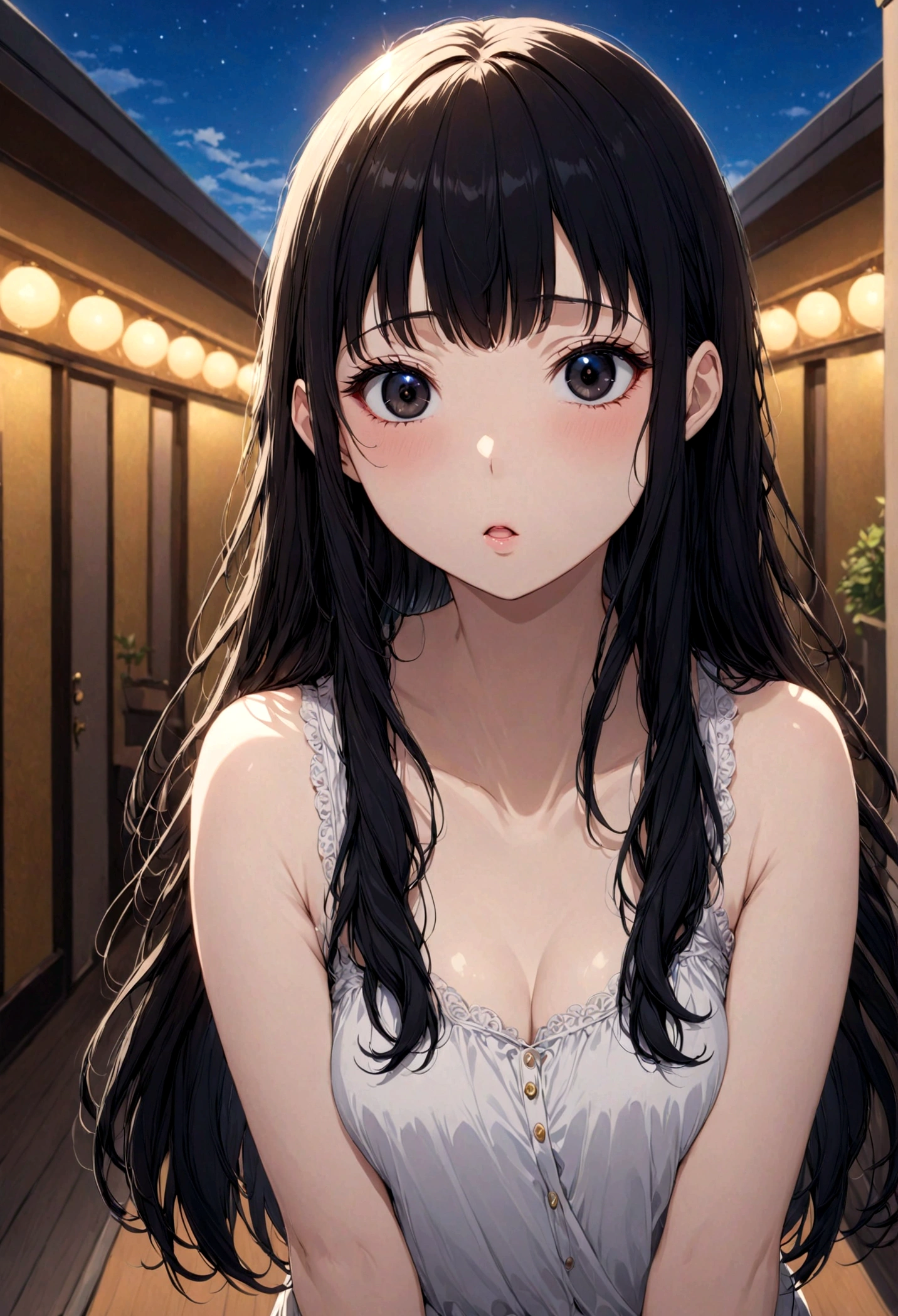 detailed, (masterpiece:1.2), (pale_skin:1.2), (alone:1.2), (woman), thin, (Shine_eye), Long Hair, bangs, Black Hair, Outdoor, No sleeve, black eye, Love Hotel、eyeの間の毛、Naughty look、mocking expression、eyeが光る