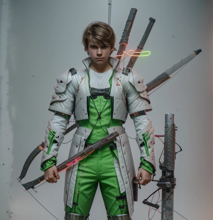 Full-length hyperrealistic photograph of a 1 boy, 20 years old, cyberpunk archer, with cyberpunk technological armor, neon lights effects, energy bow, energy arrows, short brown hairs, masterpiece, photorealistic, raw camera, uhd, 8k