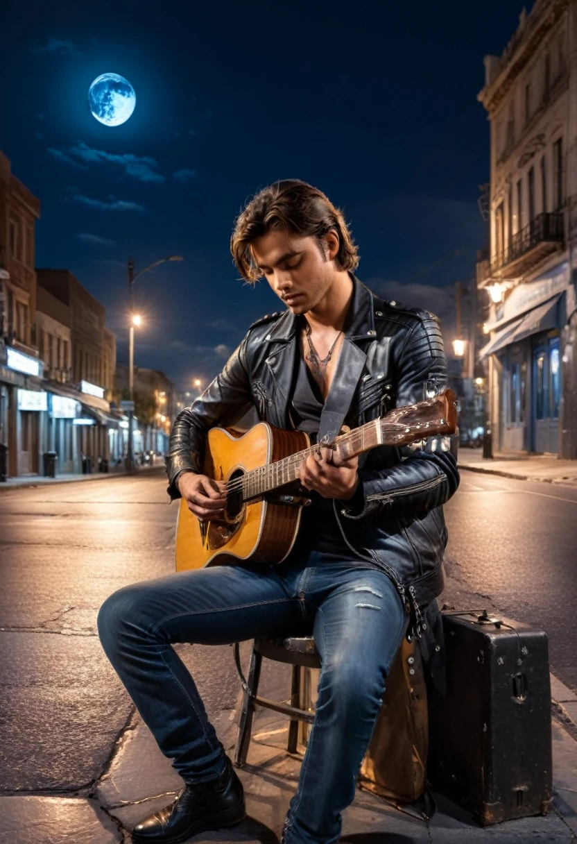 Realistic style, under the moonlight, an guitarist wearing a leather jacket sits alone on the street, his fingers gently sliding on the strings of the guitar, revealing a melancholic blues melody. His eyes are filled with stories and past scars, set against the backdrop of late night streets and quiet moonlight. middle shot, (masterpiece, best quality, Professional, perfect composition, very aesthetic, absurdres, ultra-detailed, intricate details:1.3)