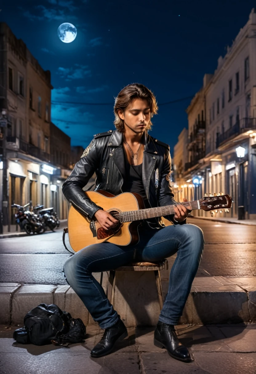 Realistic style, under the moonlight, an guitarist wearing a leather jacket sits alone on the street, his fingers gently sliding on the strings of the guitar, revealing a melancholic blues melody. His eyes are filled with stories and past scars, set against the backdrop of late night streets and quiet moonlight. middle shot, (masterpiece, best quality, Professional, perfect composition, very aesthetic, absurdres, ultra-detailed, intricate details:1.3)