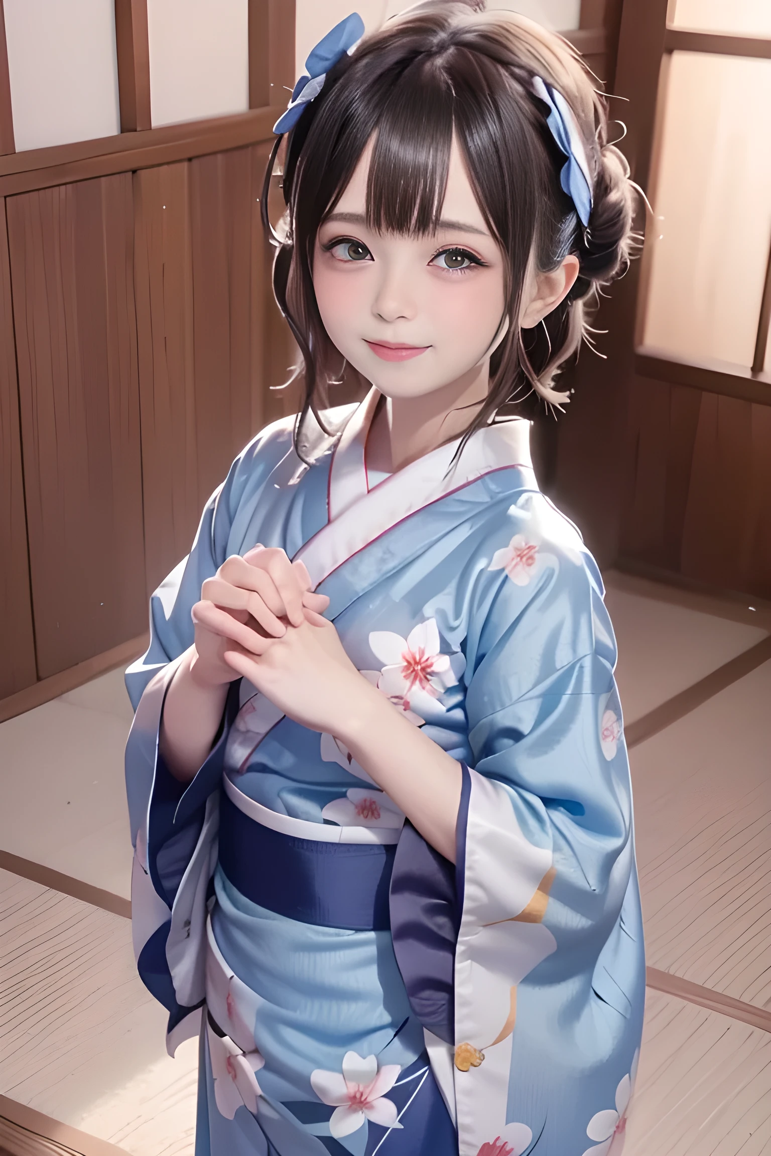 Cute blue yukata、An innocent smile