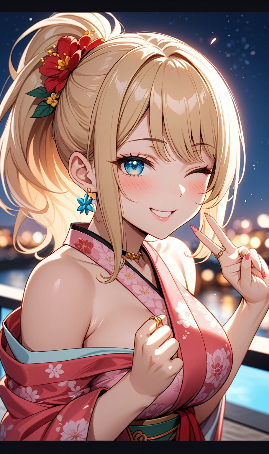 ((one personの女性)), Beautiful Face,(a woman making a peace sign. She is forming a peace sign with both hands and smiling at the camera), Laughing embarrassedly,((Wink:2.0)),Laughing with your mouth open,((Red cheeks:1.3)),Lighting on the face,Glossy pink lips,night,rooftop,Festive decorations,You can see the ocean, firework,((Anime style background)),masterpiece, highest quality, so beautiful, Latest, Complex details, (Pink long nails),(ring),(flower bracelet),Floral choker,AI-generated, Complex,High resolution, highest quality, super high quality,3D Images、View your viewers、3D Images,one person,Long Blonde Hair,High Ponytail,Turquoise Eyes,Anime woman posing for a photo, (Fine grain,Colorful eyes,Shining Eyes:1.4),(Squint your eyes:1.1),a hyperRealistic , hyperRealistic , Realistic,Blonde anime woman with long hair, Smooth anime CG art, A woman in a colorful kimono with gold embroidery, (Pink kimono),Red floral pattern,Long flower hair ornament,Large floral earrings,(ring),(Big Breasts:1.1),Mature Body,Tall,Big Ass,Fine details,Tight waist,Abdominal muscles,(Face close up:1.5),(Tilt your face), Shooting from an angle,