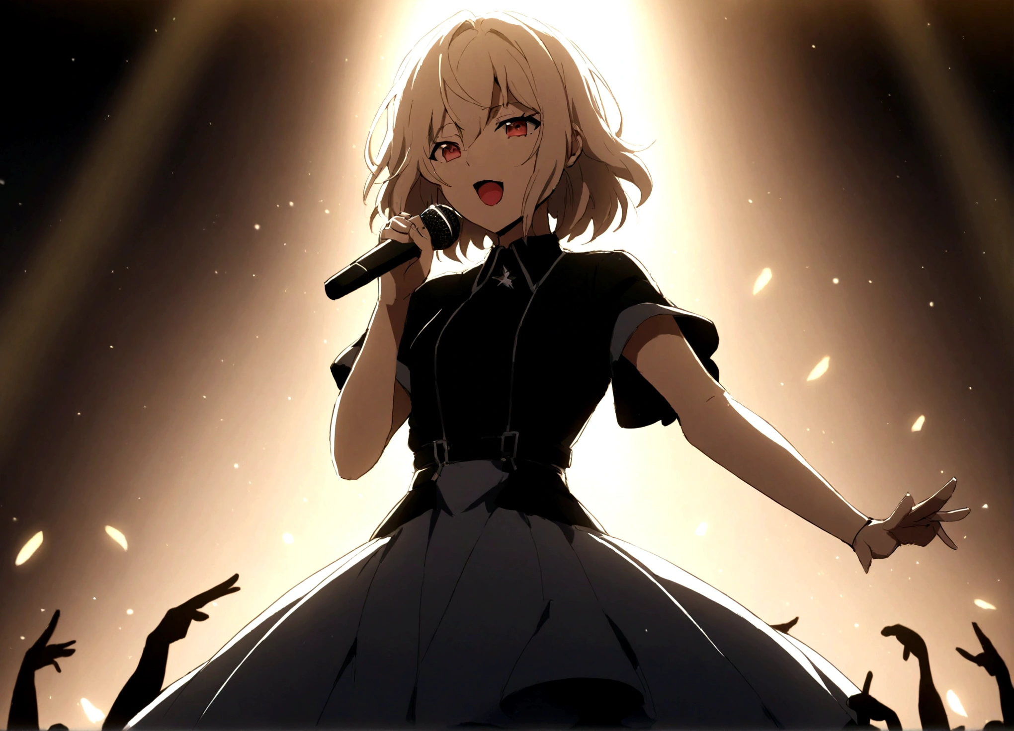 A young and handsome rock singer singing with a microphone at a live concert, drawn in an anime style.。Dress code: large short-sleeved T-shirt