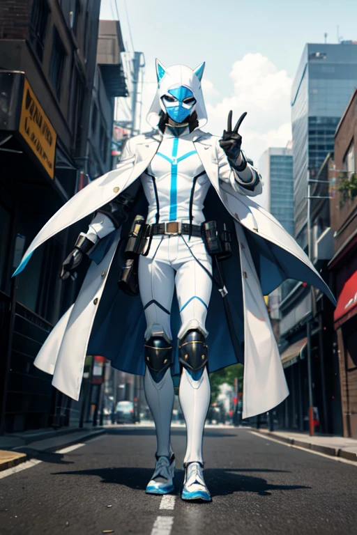((mejor calidad)), ((obra maestra)), (detallado), 1 boy in a trench coat standing on a building, full body, 19 years old, masked, white mask covering his entire head, black protective goggles, black face mask, tall and slender, thin, long beige trench coat, open trench coat showing his emblem, black fingerless gloves, white wristbands, white suit, completely white chest, luminous blue letter "I" emblem on the chest, letter I, black pants, white knee pads, metallic white shoes, superhero belt, nanotechnology in the air, city background, anime