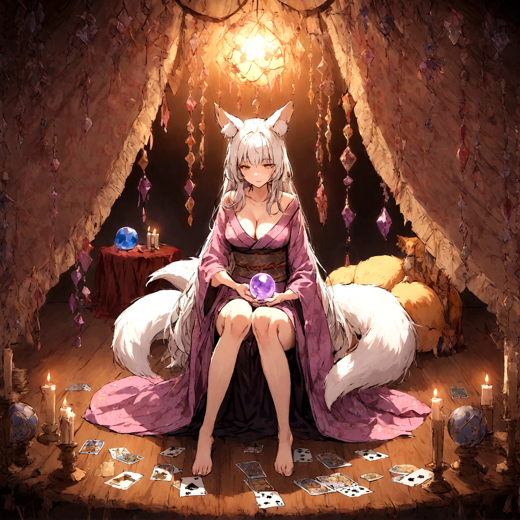 a sexy milf, has very long white hair, breasts, showing cleavage, has fox ears, wearing sakura kimono, in a gypsy tent, reading a crystal ball and surrounded by tarot cards, surrounded by candles, mystical, showing legs, sitting on cloth laden stool, has a table in front of her, has a fox tail, purple ornate hanging drapery, holding a shining crystal ball, surrounded by tarot cards