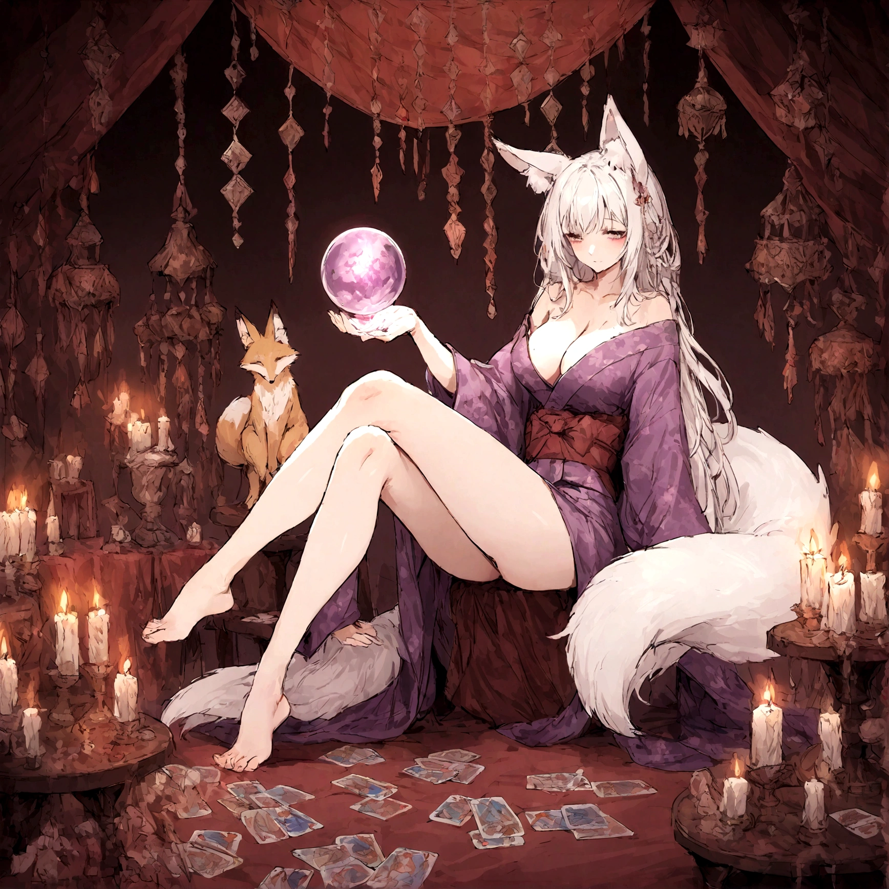 a sexy milf, has very long white hair, breasts, showing cleavage, has fox ears, wearing sakura kimono, in a gypsy tent, reading a crystal ball and surrounded by tarot cards, surrounded by candles, mystical, showing legs, sitting on cloth laden stool, has a table in front of her, has a fox tail, purple ornate hanging drapery, holding a shining crystal ball, surrounded by tarot cards