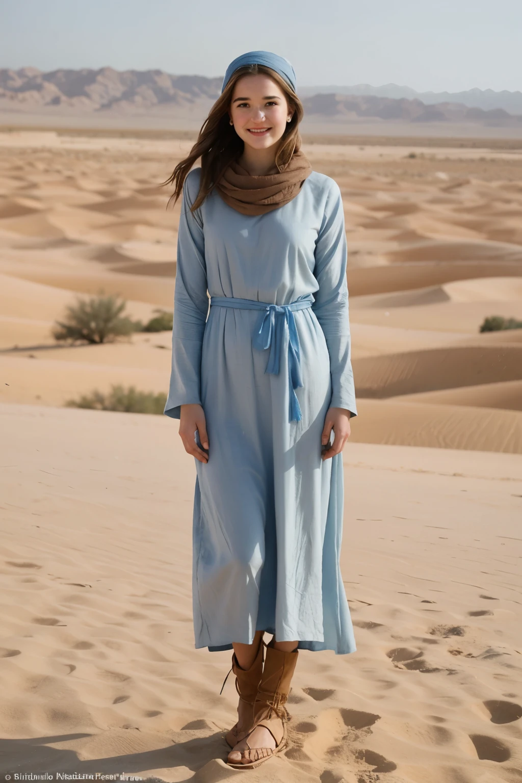 Foto hiperrealista en primer plano de Willa Fitzgerald, Create dystopian masterpieces. in a full cover bedouin bedouin costume (light blue long tunic) on the desert, beautiful woman, skinny, small breasts, straight brown hair, detailed face, smile, photo taken from a distance, age 20 tears old