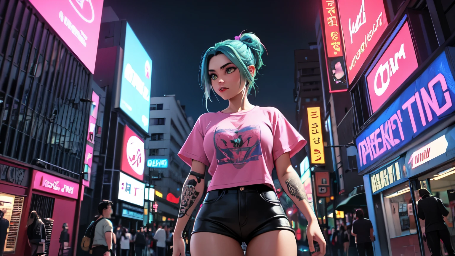 Image in 3D that captures a scene with a woman with tan skin, with long, straight blue hair, with dark green eyes, wearing a violet t-shirt, in a cyberpunk city with blue and pink LED lights, with a tattoo on her thigh.