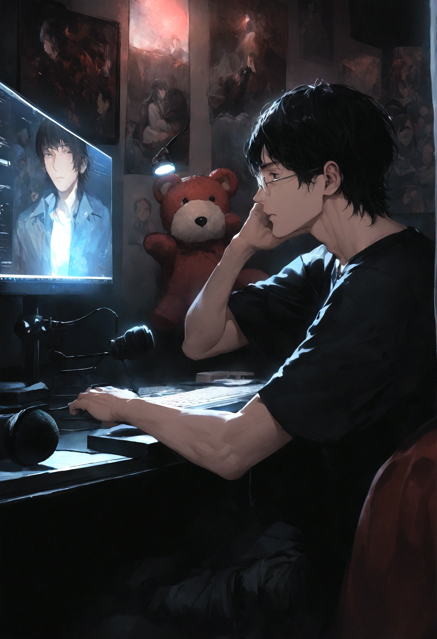 A man with a skull with black hair streams a game on a computer