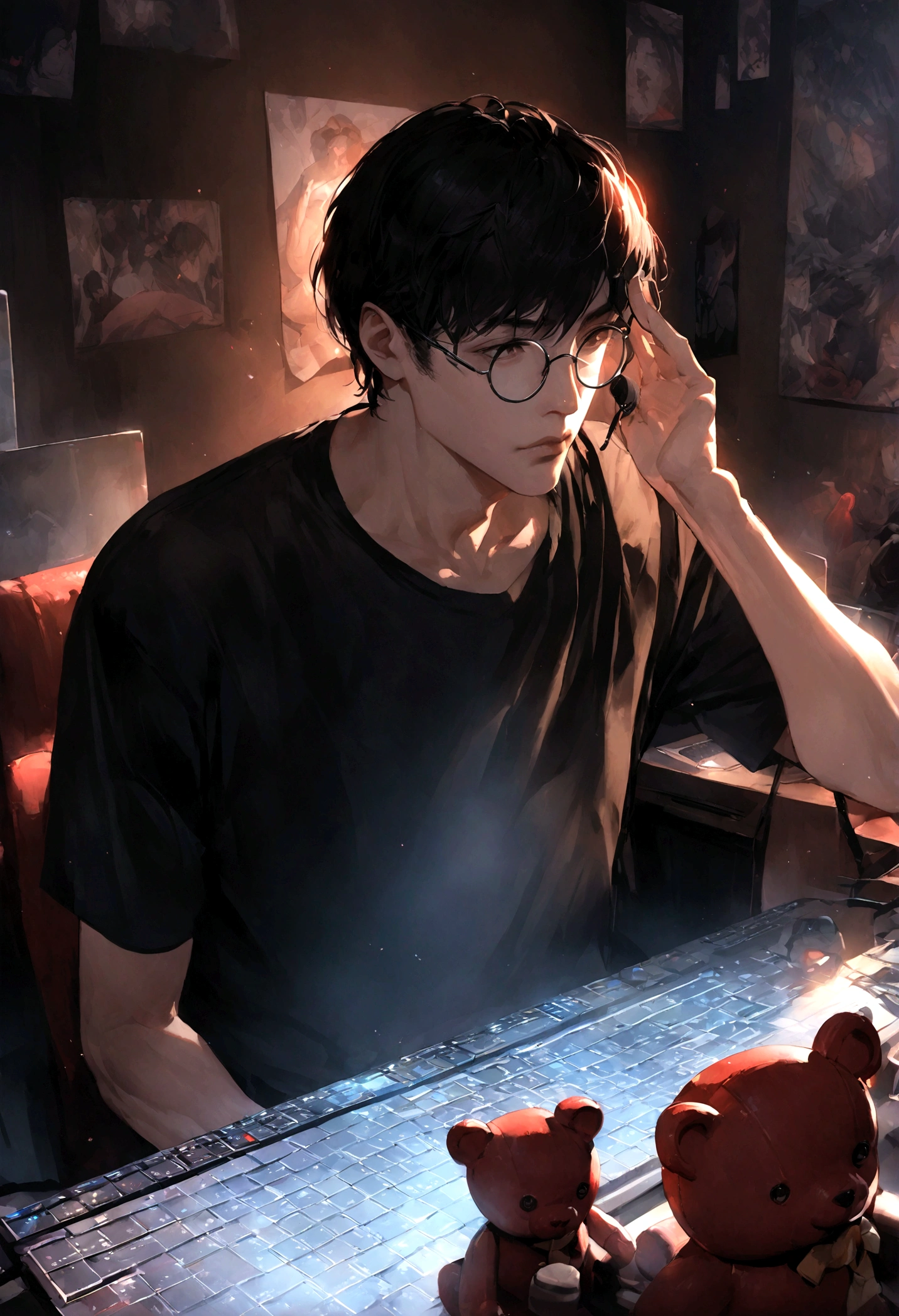 “A highly realistic image of a serious Japanese man looking directly at a camera. The man has short black hair and is wearing round glasses and a black T-shirt. He is sitting in front of a microphone and using a desktop computer. The background shows a living space with a red teddy bear figure and several posters on the wall. The lighting is bright, clearly illuminating his face. The scene gives the impression of a casual yet professional setup, with the man appearing almost indistinguishable from a real person.”
